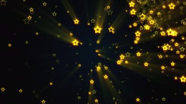 Uzayda birçok uçan altın yıldız, bilgisayar üretildi. 3d lüks arkaplan oluşturma