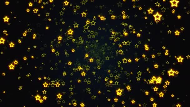 Muchas estrellas doradas voladoras en el espacio, generadas por computadora. 3d renderizado de fondo de lujo — Vídeo de stock