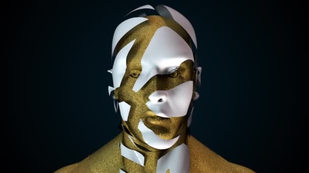 Футуристична людська голова з руйнуванням обличчя. Комп'ютер створив сучасний фон. Деформація голови 3D рендеринга — стокове відео