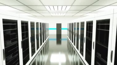 Veri merkezindeki sunucu odası ve parlak kapı, bilgisayar üretimi. Veri depolama ve bulut servis kavramının 3d sunucusu