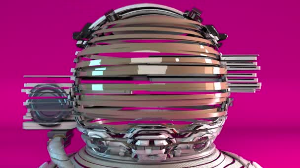 Cabeza de un astronauta en casco de metal formado por líneas. 3d renderizado fondo con corte de traje espacial — Vídeos de Stock