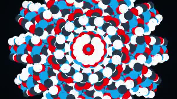 Computer generated abstract background from flashing colored circles. Kaleidoscope converts colorful particles into an image, 3D rendering. — стокове відео