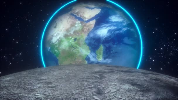 The surface of the moon overlooking the Earth planet and stars. Computer generated cosmic composition. 3D rendering elements of this image furnished by NASA — Stock Video