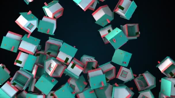 Many falling houses, computer generated. Oversupply in the real estate market. 3d rendering of comercial background. — Stock Video