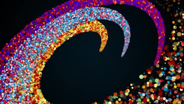 Merging three radial stripes of colored particles into a spiral. Computer generated 3d render. Magical festive background with bokeh and sparkle. — Stock Video