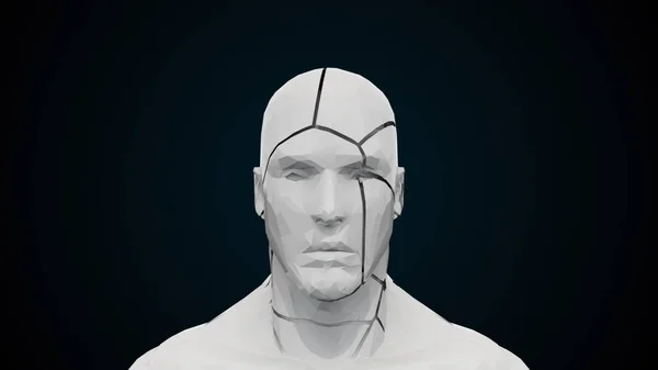 Tête humaine futuriste au visage effondré. Ordinateur généré arrière-plan moderne. Déformation de la tête de rendu 3D — Photo