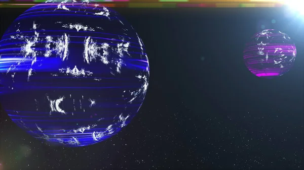 Компьютер создал красочный космический ландшафт. Футуристическое пространство с неоновыми планетами на звездном фоне. 3d-рендеринг — стоковое фото