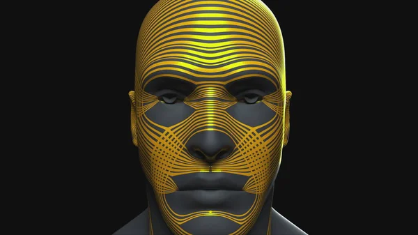 Démonstration de la tête et du visage d'un homme d'or. Fond généré par ordinateur. Le rendu 3D de la forme simplifiée de la tête tourne sur l'écran . — Photo