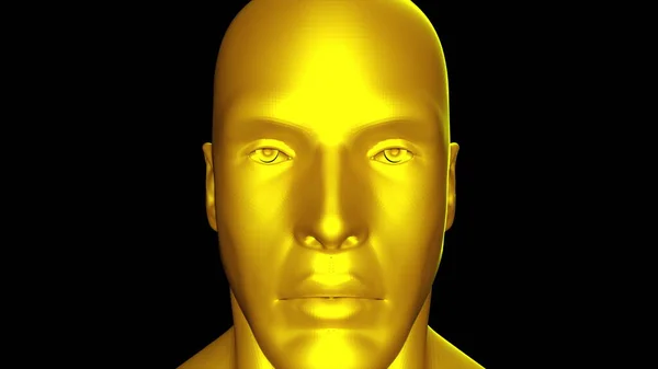 Démonstration de la tête et du visage d'un homme d'or. Fond généré par ordinateur. Le rendu 3D de la forme simplifiée de la tête tourne sur l'écran . — Photo