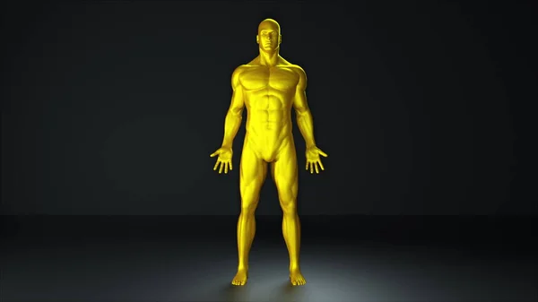 Démonstration d'un homme d'or. Arrière-plan généré par ordinateur pour le jeu informatique. Le corps musclé d'un homme nu, rendu 3d — Photo