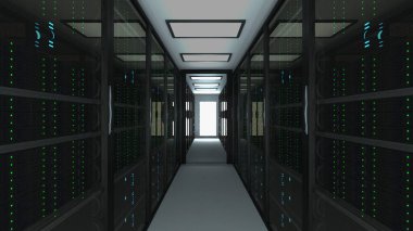 Modern sunucu odası İç datacenter, web ağ ve Internet telekomünikasyon teknolojisi, büyük veri depolama ve bulut hizmet anlayışı, 3d render