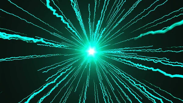 Vuelo rápido de rayas brillantes brillantes de la luz, fondo abstracto moderno generado por computadora, renderizado 3d — Foto de Stock
