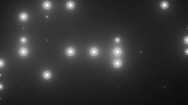 Linhas de lâmpadas holofotes com interruptor aleatório ligado, computador gerado fundo clube noturno, renderização 3d — Fotografia de Stock