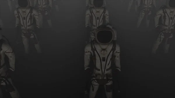 Reihen von Astronauten mit Hund, computergeneriert. 3D-Darstellung von fantastischem Hintergrund. — Stockfoto