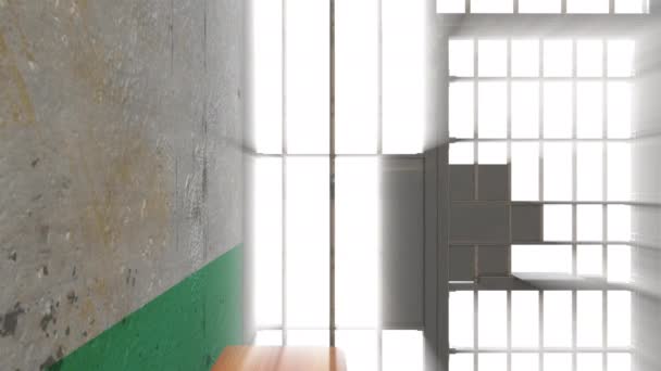 Intérieur de la salle de prison à l'intérieur avec des rayons lumineux, générés par ordinateur. 3d rendu arrière-plan grunge. — Video