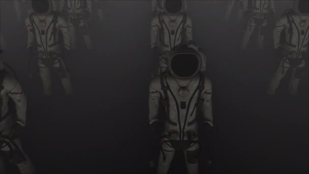 Rijen astronauten met hond, computer gegenereerd. 3d weergave van fantastische achtergrond. — Stockvideo
