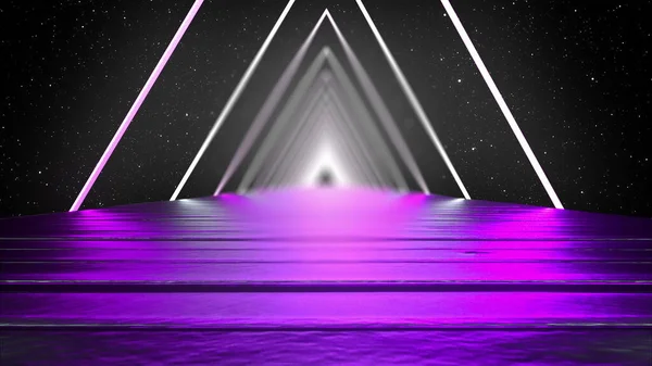 3D renderização, fundo abstrato, realidade virtual, computador gerado luz ultravioleta fluorescente, linhas de néon brilhante, um túnel triangular com uma estrada lisa reta — Fotografia de Stock