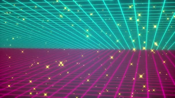 Farbiges Gitter und Sternenschein, computergeneriert. 3D-Rendering-Hintergrund im Retro-Stil — Stockvideo