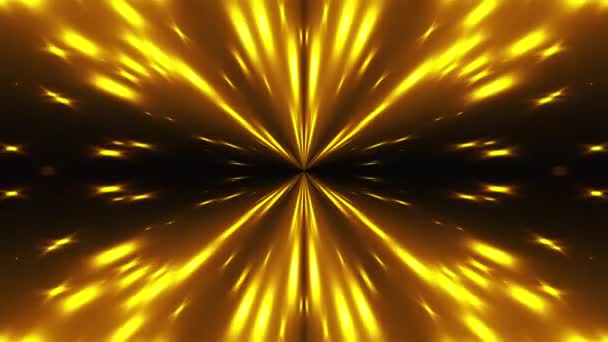 3D-Rendering Kaleida von Lichtern. Strahlung aus dem Zentrum goldener Sterne auf schwarzem Hintergrund, computergenerierter abstrakter Hintergrund — Stockvideo