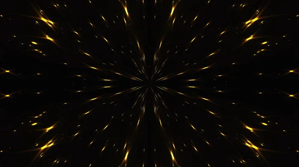 3D-weergave van kaleida van lichten. Straling van het centrum van gouden sterren op een zwarte achtergrond, computer gegenereerde abstracte achtergrond — Stockfoto