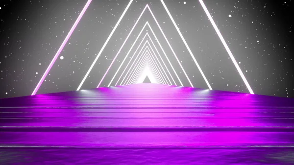 3 boyutlu görüntüleme, soyut arkaplan, sanal gerçeklik, bilgisayar tarafından üretilen floresan ultraviyole ışık, parlayan neon çizgiler, düz bir yolu olan üçgen bir tünel. — Stok fotoğraf