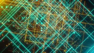 İnce teknoloji şebekeleri ve küçük geometrik parçacıkları olan, bilgisayar üretimi. 3d görüntüleme dijital arkaplanı