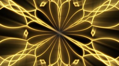 Siyah arka planı olan parlak altın bir kaleydoskop. Parlak elementler