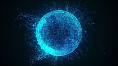3d görüntüleme, bilgisayar tarafından oluşturulan küre veya sayısız neon karalama parçacıkları ve çizgiler siyah arkaplan üzerinde toplar