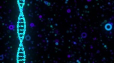 Bilgisayar tarafından üretilen renkli bulanık parçacıklara karşı dijital DNA çift sarmallı. Kimyasal araştırma arkaplanının 3D görüntülenmesi
