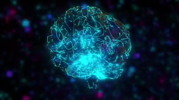 Computer generated artificial intelligence. 3d rendering of the digital brain against the backdrop of colored blurred particles — Stock Video