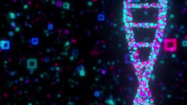 DNA digital dupla hélice contra as partículas borradas coloridas, geradas por computador. 3d renderização de fundo de pesquisa química — Vídeo de Stock