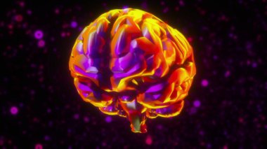Bilgisayar yapay zeka üretti. Neon bulanık parçacıkların arka planına karşı yanardöner beynin 3D görüntülemesi