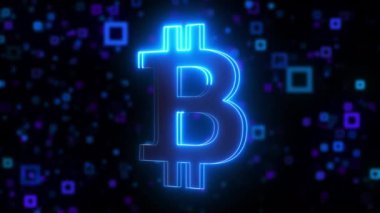 Bilgisayar, mavi ışık efektli neon bitcoin sembolü üretti. Bulanık parçacıkların arkaplanına karşılık şifreli para birimi logosunun 3d görüntülenmesi