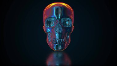 Yanardöner insan kafatası, bilgisayar üretimi. Soyut renkli arkaplanın 3d görüntülenmesi