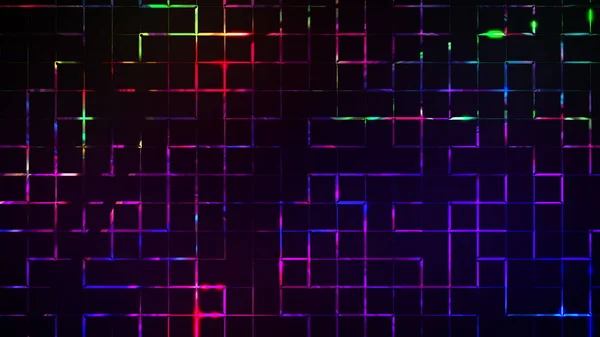 Neon lighting of blocks and gradient of lines, computer generated. 3d render abstract backdrop