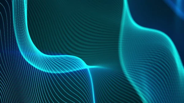 计算机产生了一个巨大的粒子数据波.彩色条纹效应。未来霓虹灯发光表面的三维绘制 — 图库照片