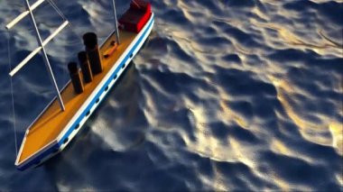 Denizde bir yüzey teknesinin 3 boyutlu görüntüsü. Bilgisayar, dalgalı suyun arka planında deniz gemisi üretti.