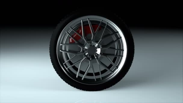 Modern and shiny car wheel on the surface, stylish object, 3d rendering computer generated backdrop — Stock Video