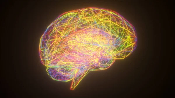 カラフルなネオン脳、コンピュータが生成されます。細い線からの抽象的な背景の3Dレンダリング — ストック写真