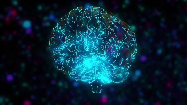 O computador gerou inteligência artificial. 3D renderização do cérebro digital contra o pano de fundo de partículas borradas coloridas — Fotografia de Stock