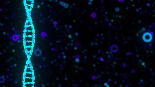 Ψηφιακή διπλή έλικα DNA ενάντια στα χρωματιστά θολή σωματίδια, που δημιουργούνται από τον υπολογιστή. 3d απόδοση υποβάθρου χημικής έρευνας — Φωτογραφία Αρχείου