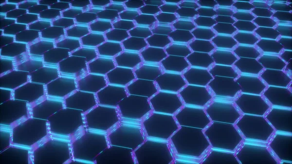 3d rendering of geometric glowing background. Computer generated neon hexagonal — Stock Photo, Image