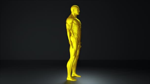Dimostrazione di un uomo d'oro. Computer generato sfondo per il gioco per computer. Il corpo muscolare di un uomo nudo, rendering 3d — Video Stock