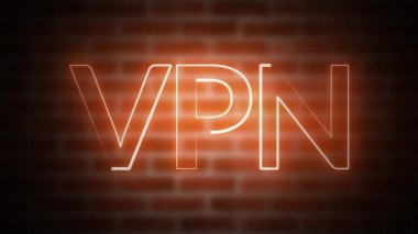 Tuğla, bilgisayar tarafından oluşturulan ve parlayan lazer ışığına sahip tel çerçeve sembolüne karşılık 3B metin VPN yorumlaması