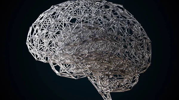 Компьютерный искусственный интеллект. 3d визуализация формы человеческого мозга из проводника на фоне цветных огней — стоковое фото