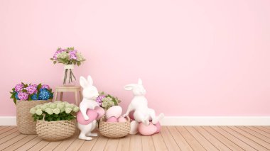 Tavşan kuklaları yumurtaları tutarlar ve renkli çiçeklerle süslenmiş pembe bir odada yumurtaların üzerine otururlar. Paskalya Günü sanat çalışmaları için 3B illüstrasyon.