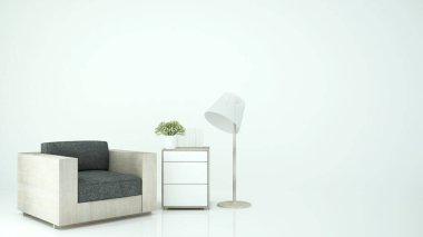 Beyaz odada oturma odası ve beyaz alana mesaj eklemek için boş alan. Sanat çalışmaları için 3B Görüntü. 