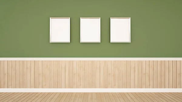 Witte Kaderfoto Hout Groene Muurdecoratie Lege Ruimte Voor Kunstwerken Interieur — Stockfoto