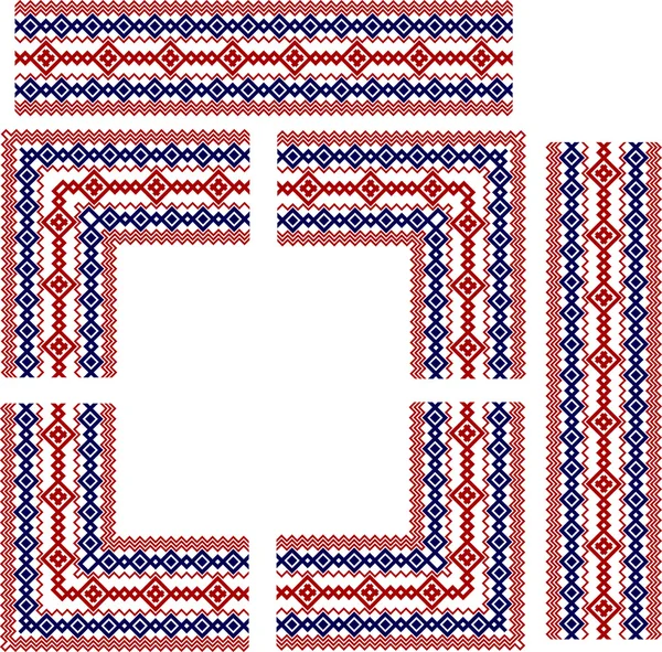 Conjunto de elementos de marco para ruso, ucraniano y escandinavo frontera nacional de punto estilo, colores rojo y azul — Archivo Imágenes Vectoriales