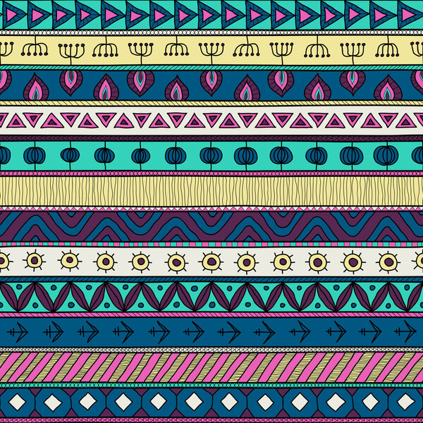 Племенной многоцветный бесшовный рисунок, индийский или африканский этнический стиль лоскутной работы
